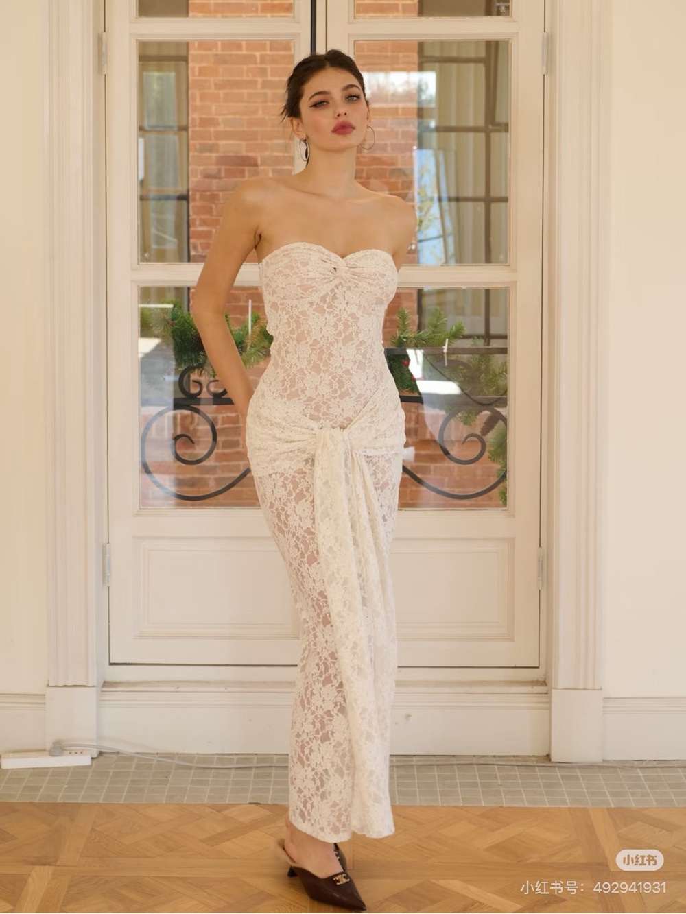 Strapless Ivory Lace Sheath Dress with Front Tie Detail